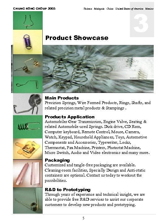 CHUNG RONG GROUP 2003 3 Taiwan Malaysia China United States of America Mexico Product