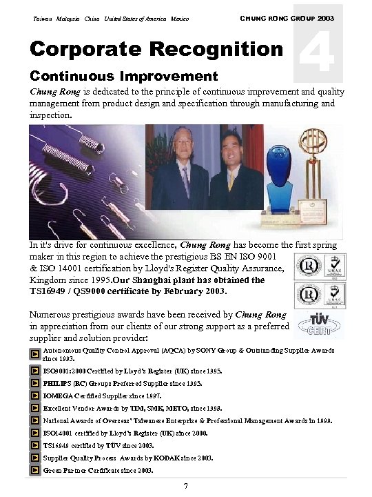 Taiwan Malaysia China United States of America Mexico 4 CHUNG RONG GROUP 2003 Corporate