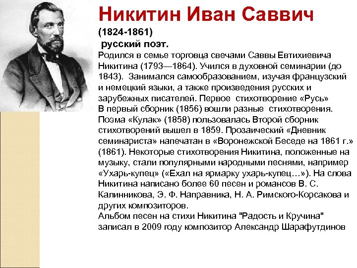 Никитин Иван Саввич (1824 -1861) русский поэт. Родился в семье торговца свечами Саввы Евтихиевича