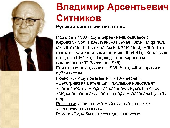 Владимир Арсентьевич Ситников Русский советский писатель. Родился в 1930 году в деревне Малокабаново Кировской