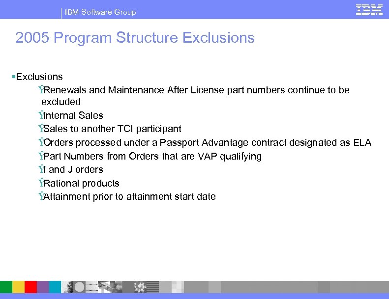 IBM Software Group 2005 Program Structure Exclusions §Exclusions Ÿ Renewals and Maintenance After License