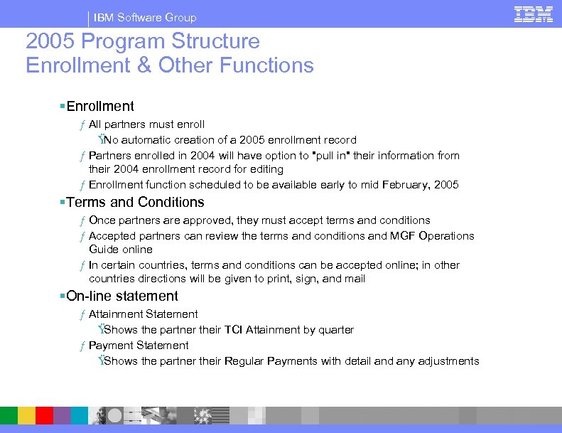 IBM Software Group 2005 Program Structure Enrollment & Other Functions §Enrollment ƒ All partners