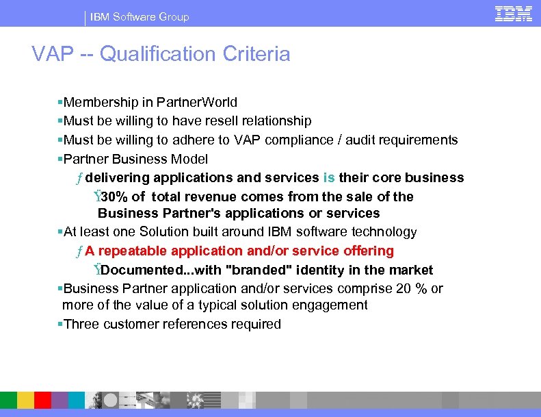 IBM Software Group VAP -- Qualification Criteria §Membership in Partner. World §Must be willing