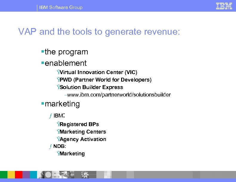 IBM Software Group VAP and the tools to generate revenue: §the program §enablement Ÿ