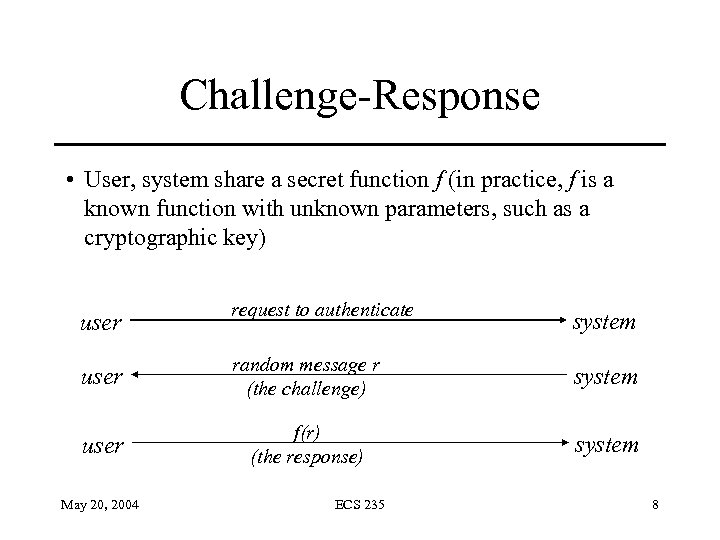 Challenge-Response • User, system share a secret function f (in practice, f is a
