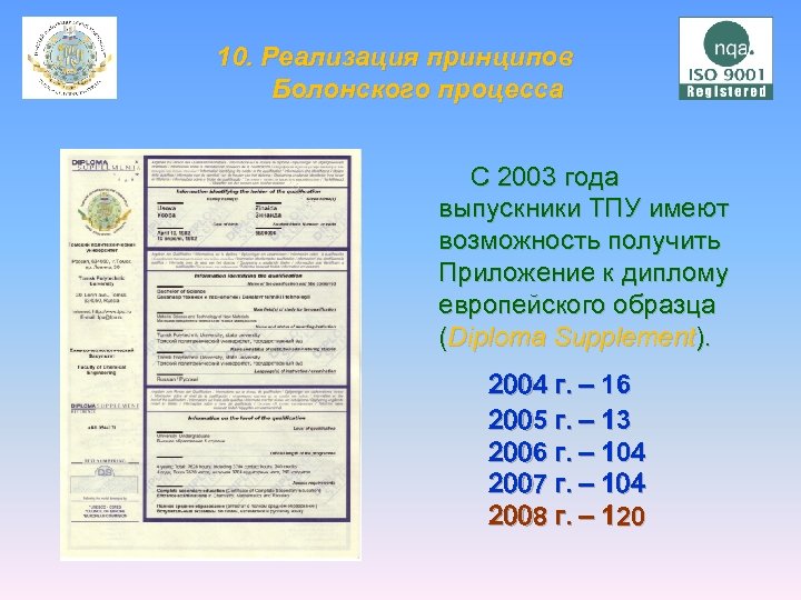 10. Реализация принципов Болонского процесса С 2003 года выпускники ТПУ имеют возможность получить Приложение