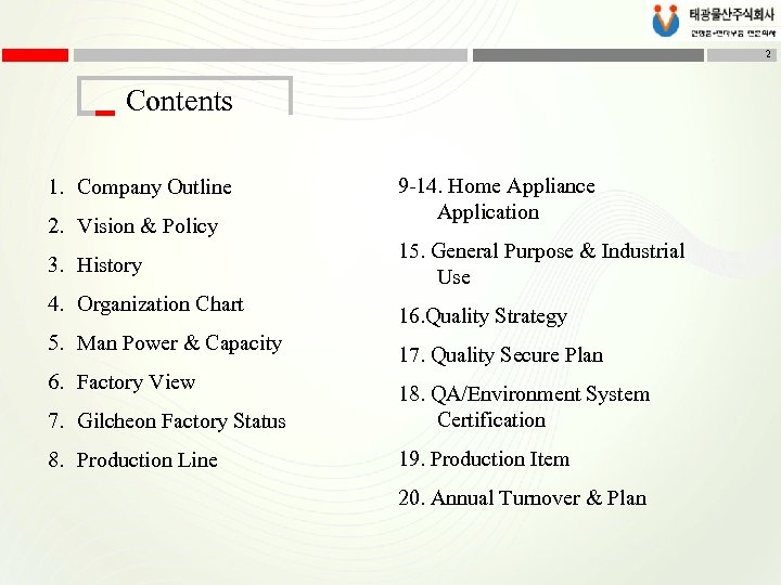 2 Contents 1. Company Outline 2. Vision & Policy 3. History 4. Organization Chart