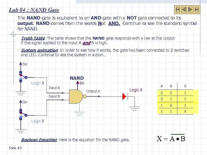 Lab 04 : NAND Gate The NAND gate is equivalent to an AND gate