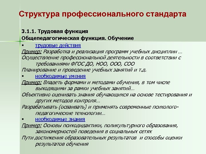 Структура профессионального стандарта 3. 1. 1. Трудовая функция Общепедагогическая функция. Обучение § трудовые действия