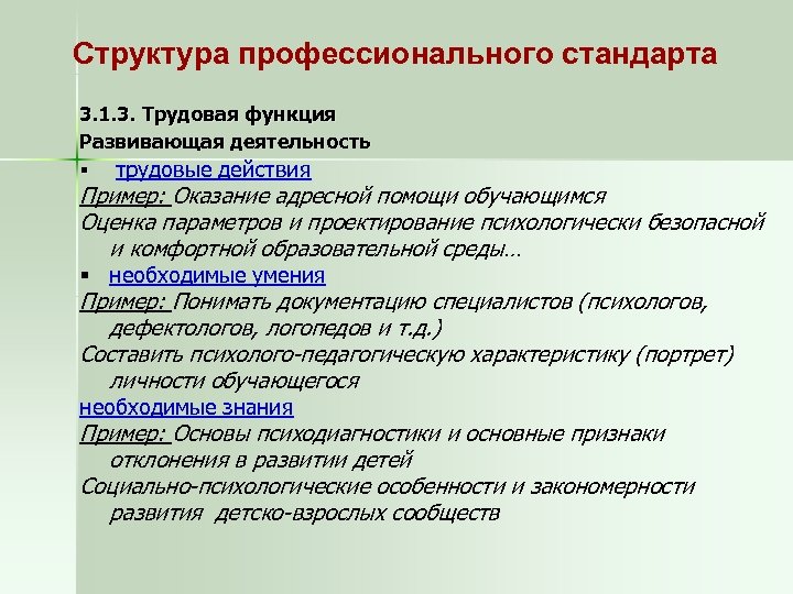 Структура профессионального стандарта 3. 1. 3. Трудовая функция Развивающая деятельность § трудовые действия Пример: