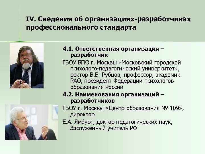 IV. Сведения об организациях-разработчиках профессионального стандарта 4. 1. Ответственная организация – разработчик ГБОУ ВПО