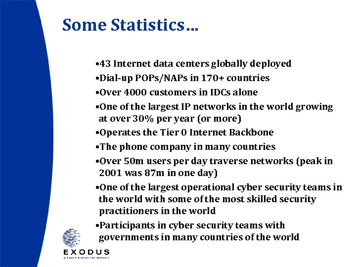Some Statistics… • 43 Internet data centers globally deployed • Dial-up POPs/NAPs in 170+