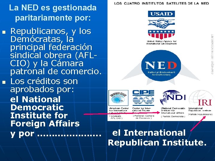 La NED es gestionada paritariamente por: n n Republicanos, y los Demócratas, la principal