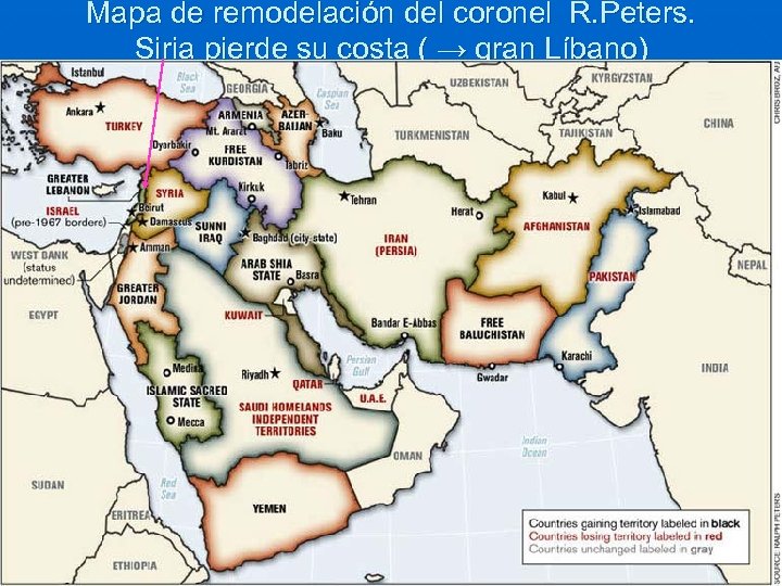 Mapa de remodelación del coronel R. Peters. Siria pierde su costa ( → gran