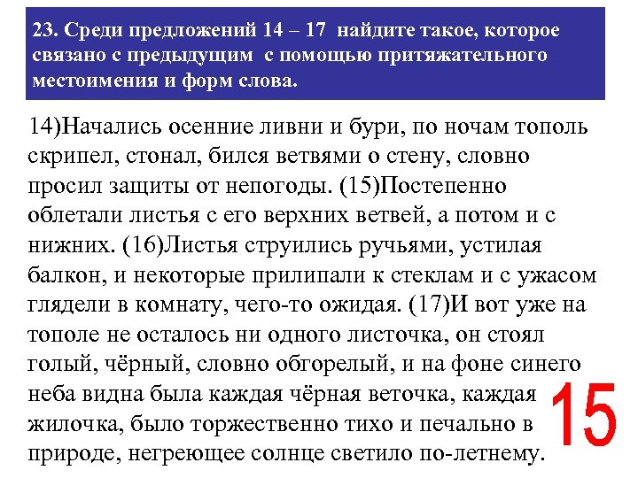 23. Среди предложений 14 – 17 найдите такое, которое связано с предыдущим с помощью