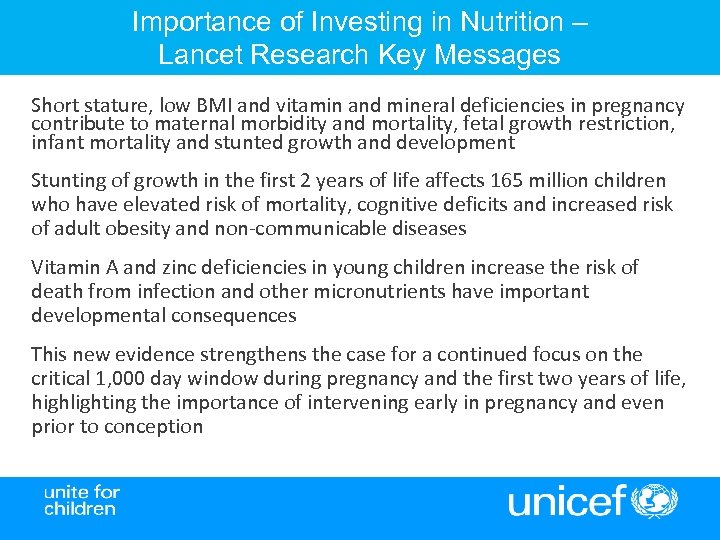 Importance of Investing in Nutrition – Lancet Research Key Messages Short stature, low BMI