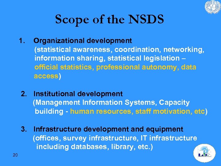 Scope of the NSDS 1. Organizational development (statistical awareness, coordination, networking, information sharing, statistical