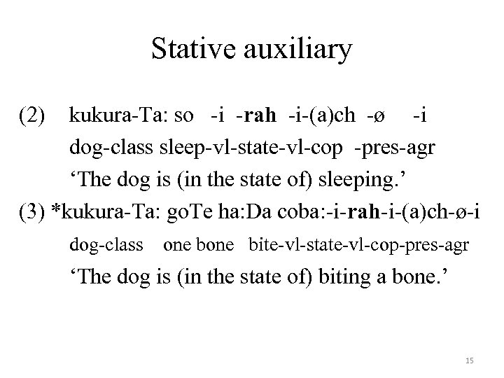 Stative auxiliary (2) kukura-Ta: so -i -rah -i-(a)ch -ø -i dog-class sleep-vl-state-vl-cop -pres-agr ‘The