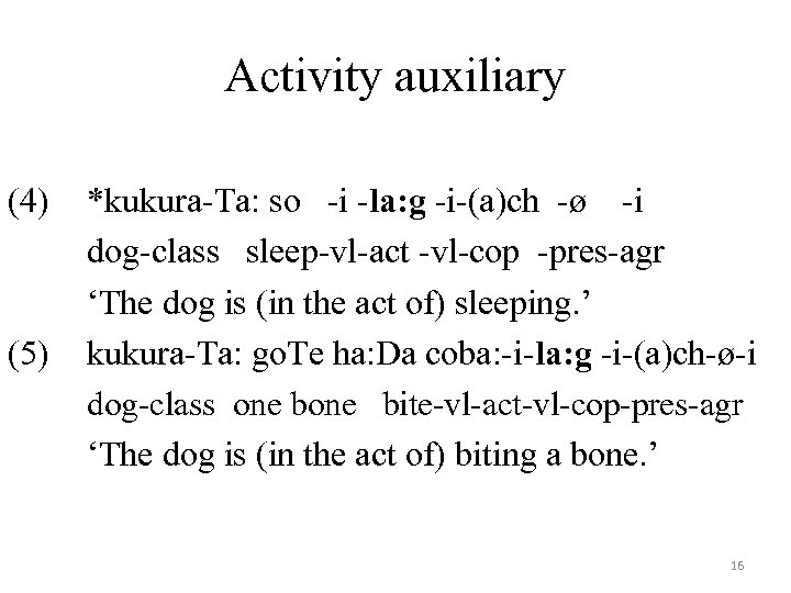 Activity auxiliary (4) (5) *kukura-Ta: so -i -la: g -i-(a)ch -ø -i dog-class sleep-vl-act