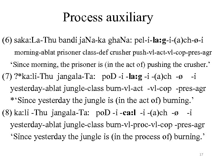 Process auxiliary (6) saka: La-Thu bandi ja. Na-ka gha. Na: pel-i-la: g-i-(a)ch-ø-i morning-ablat prisoner