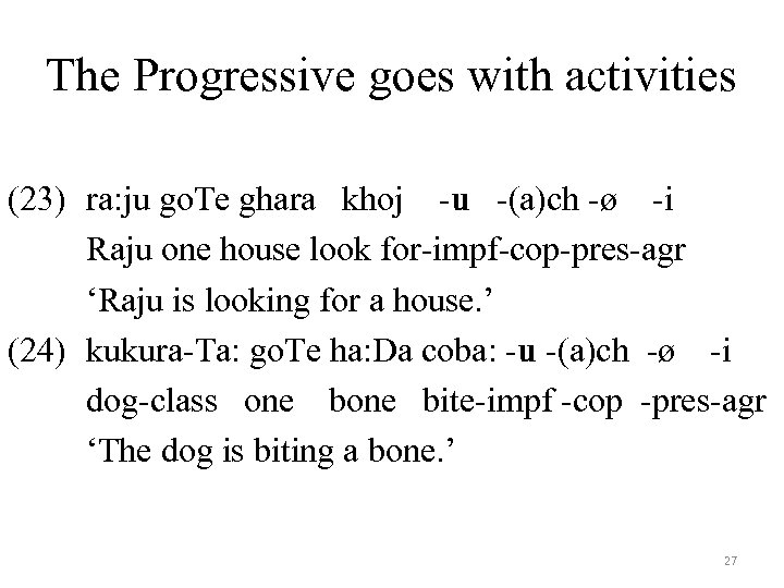 The Progressive goes with activities (23) ra: ju go. Te ghara khoj -u -(a)ch