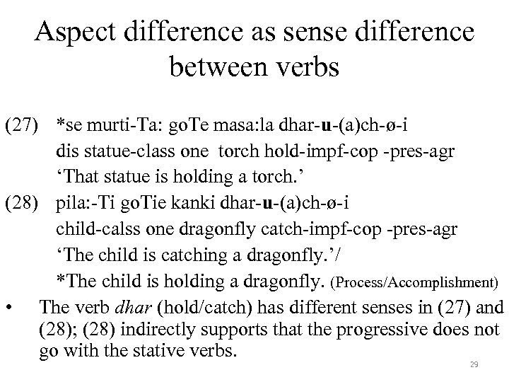 Aspect difference as sense difference between verbs (27) *se murti-Ta: go. Te masa: la