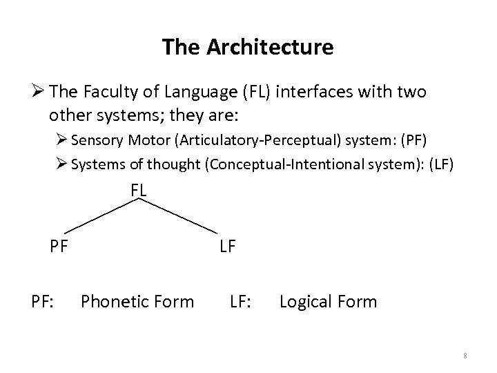 The Architecture Ø The Faculty of Language (FL) interfaces with two other systems; they