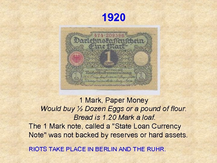 1920 1 Mark, Paper Money Would buy ½ Dozen Eggs or a pound of