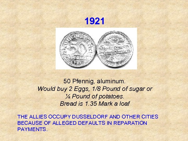 1921 50 Pfennig, aluminum. Would buy 2 Eggs, 1/8 Pound of sugar or ¼