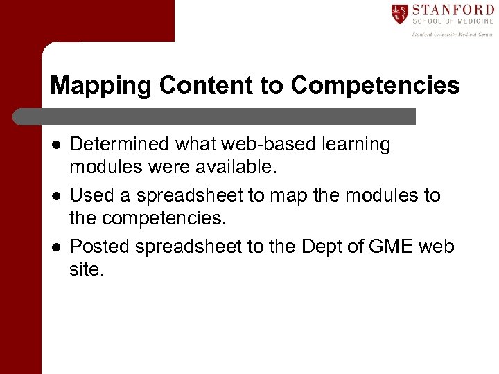 Mapping Content to Competencies l l l Determined what web-based learning modules were available.