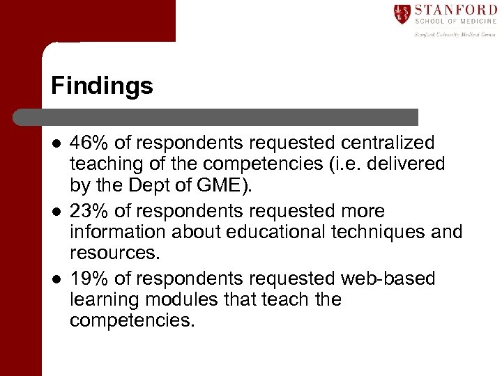 Findings l l l 46% of respondents requested centralized teaching of the competencies (i.