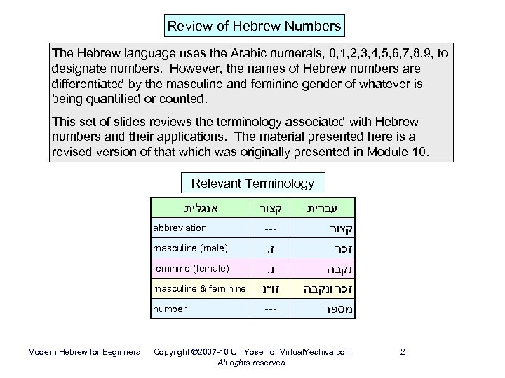 Review of Hebrew Numbers The Hebrew language uses the Arabic numerals, 0, 1, 2,