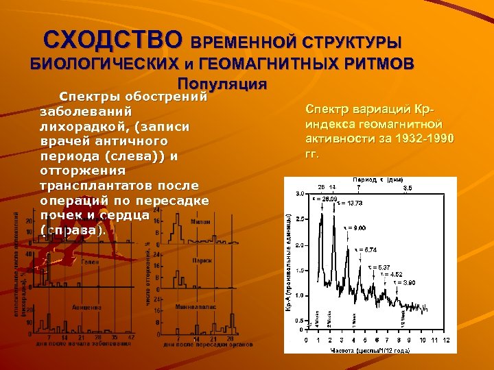 СХОДСТВО ВРЕМЕННОЙ СТРУКТУРЫ БИОЛОГИЧЕСКИХ и ГЕОМАГНИТНЫХ РИТМОВ Популяция Спектры обострений заболеваний лихорадкой, (записи врачей