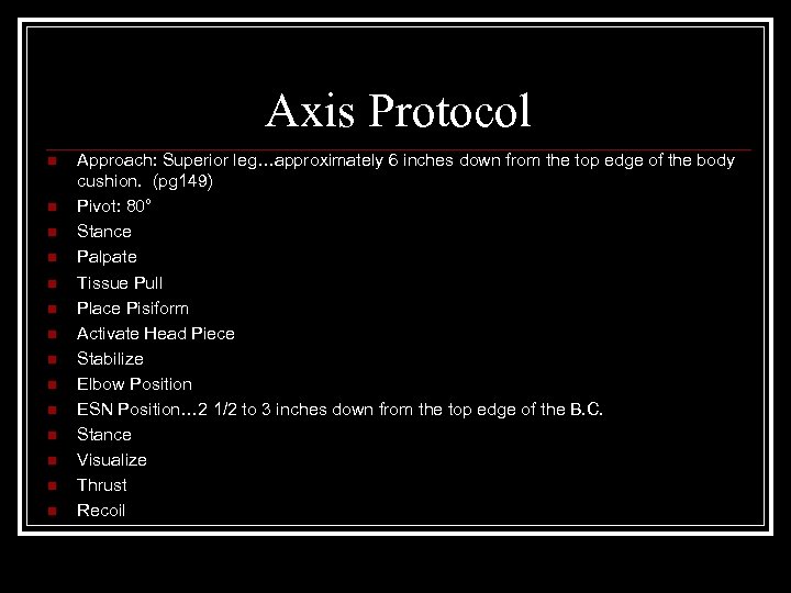 Axis Protocol n n n n Approach: Superior leg…approximately 6 inches down from the