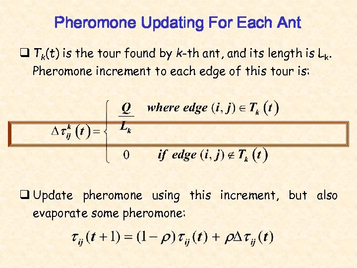 Pheromone Updating For Each Ant q Tk(t) is the tour found by k-th ant,