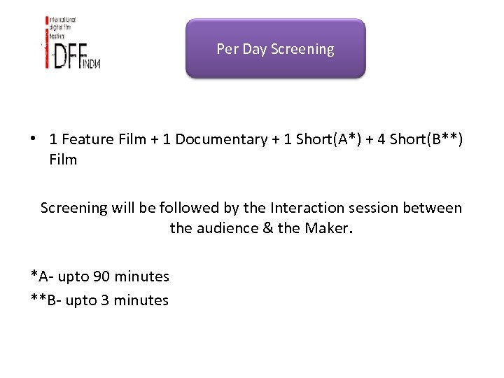 Per Day Screening • 1 Feature Film + 1 Documentary + 1 Short(A*) +