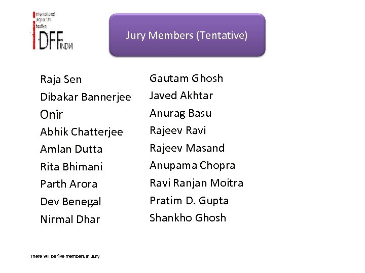 Jury Members (Tentative) Raja Sen Dibakar Bannerjee Onir Abhik Chatterjee Amlan Dutta Rita Bhimani