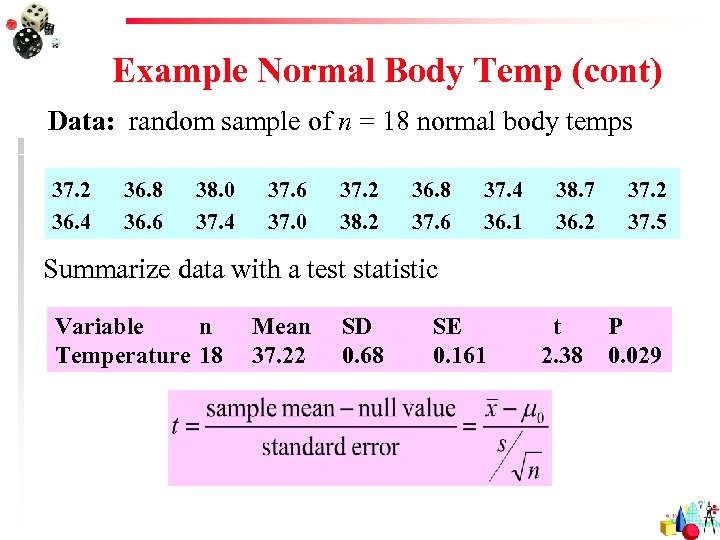 Example Normal Body Temp (cont) Data: random sample of n = 18 normal body