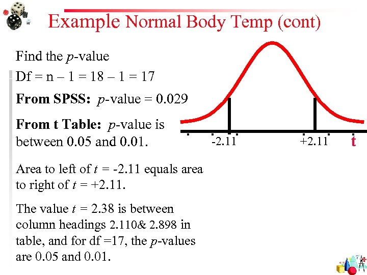 Example Normal Body Temp (cont) Find the p-value Df = n – 1 =