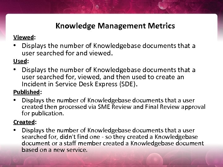 Knowledge Management Metrics Viewed: • Displays the number of Knowledgebase documents that a user