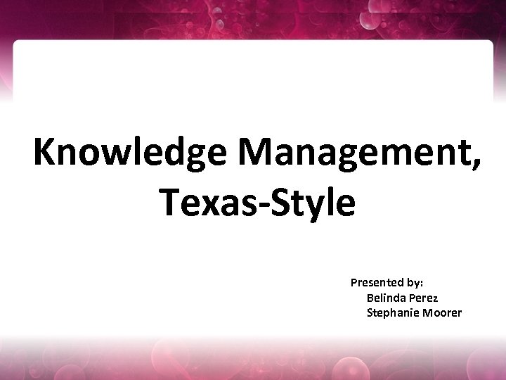 Knowledge Management, Texas-Style Presented by: Belinda Perez Stephanie Moorer 
