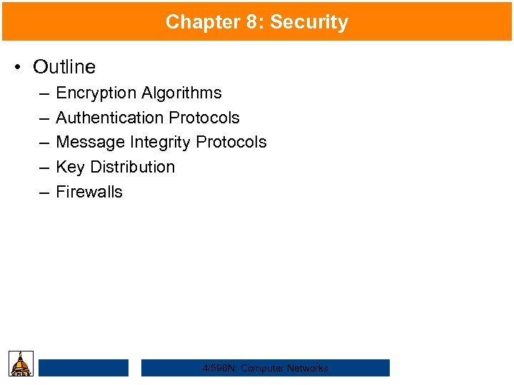 Chapter 8: Security • Outline – – – Encryption Algorithms Authentication Protocols Message Integrity