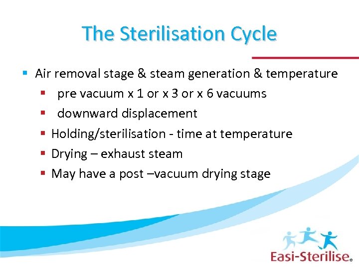 The Sterilisation Cycle § Air removal stage & steam generation & temperature § pre