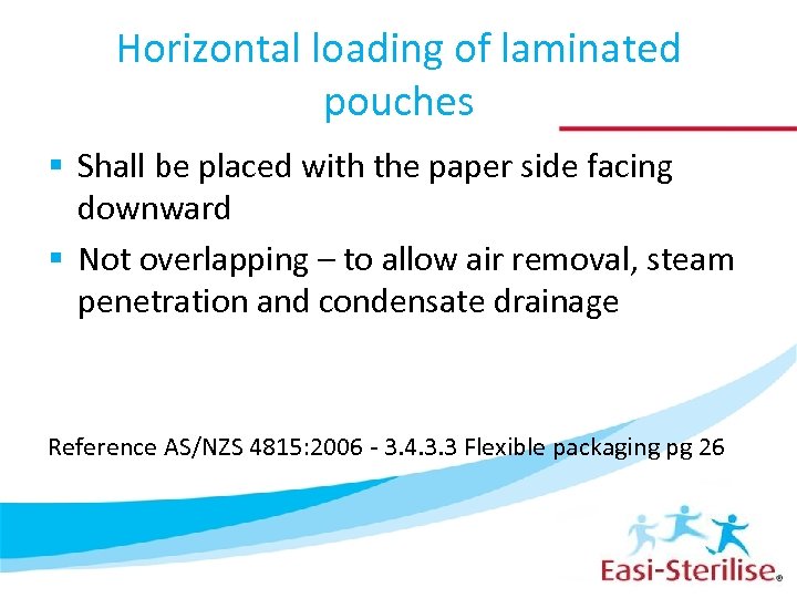 Horizontal loading of laminated pouches § Shall be placed with the paper side facing