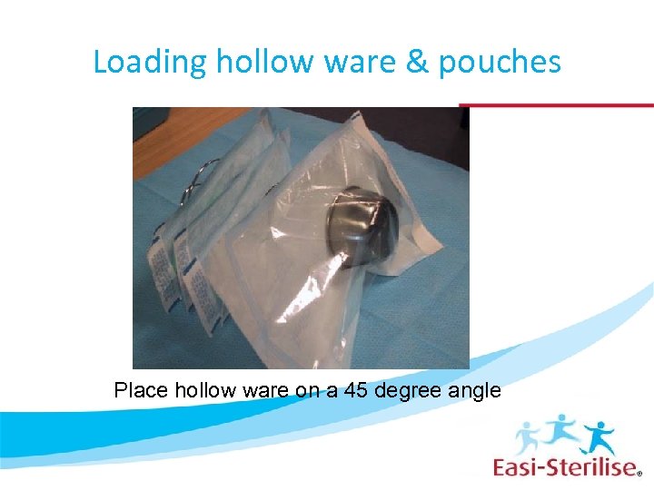 Loading hollow ware & pouches Place hollow ware on a 45 degree angle 