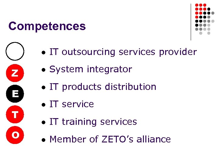 Competences l IT outsourcing services provider Z l System integrator E l IT products