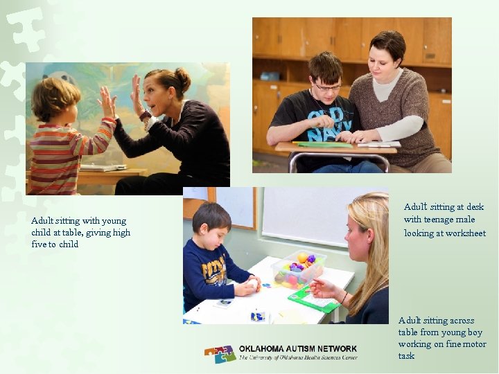 Adult sitting with young child at table, giving high five to child Adult sitting