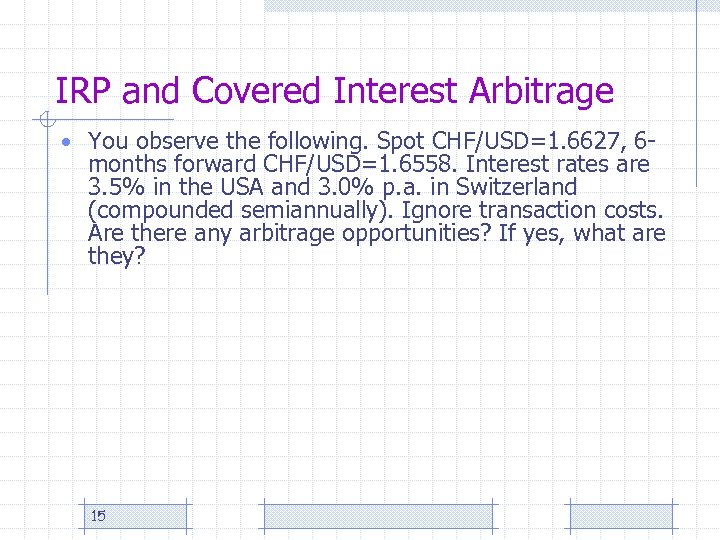 IRP and Covered Interest Arbitrage • You observe the following. Spot CHF/USD=1. 6627, 6
