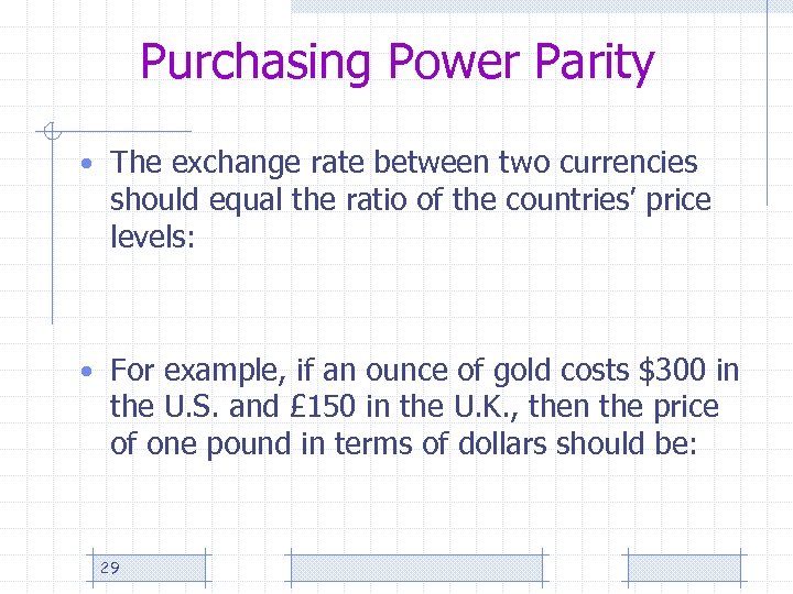 Purchasing Power Parity • The exchange rate between two currencies should equal the ratio