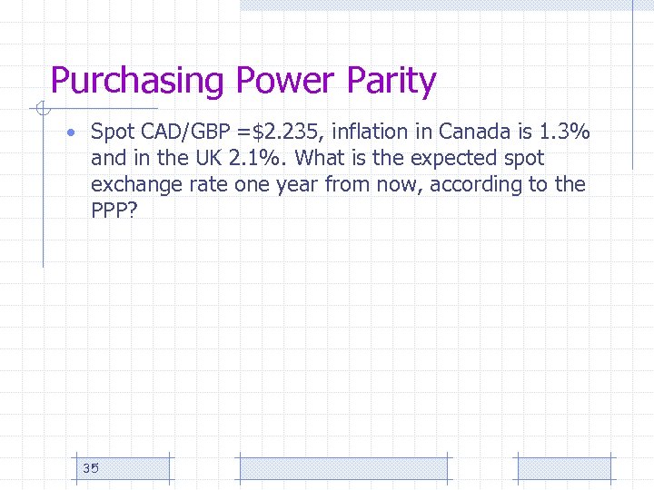 Purchasing Power Parity • Spot CAD/GBP =$2. 235, inflation in Canada is 1. 3%